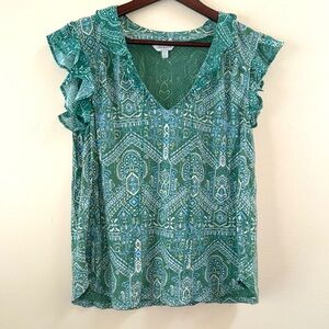 LUCKY BRAND Green, White, and Blue Patterned Women's Top